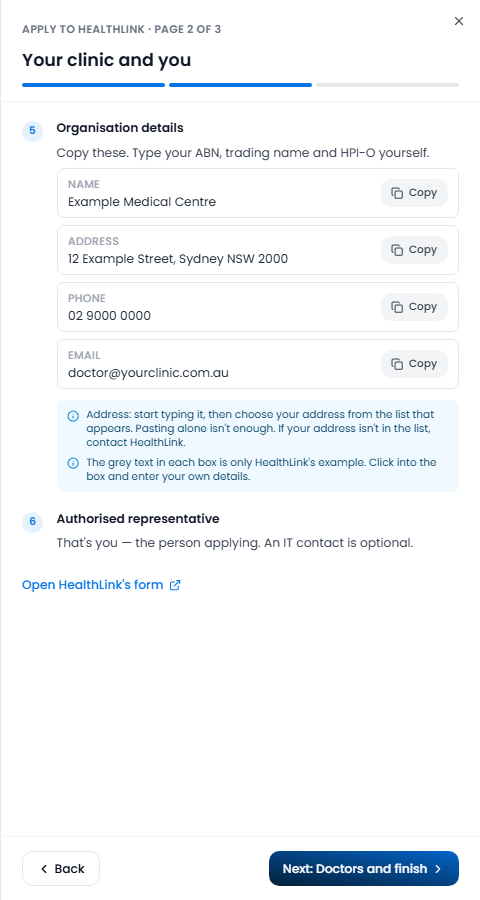Arvi's guide shows what to type in each part of HealthLink's form