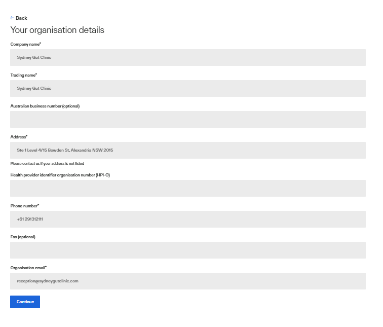 HealthLink's form: the grey text is only an example