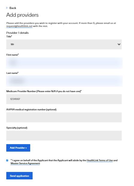 HealthLink's form: add each doctor with their provider number