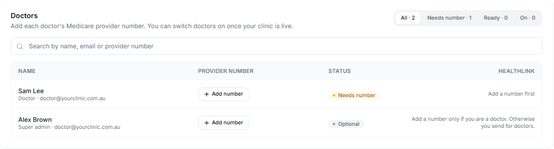 The Doctors list: add numbers and switch doctors on