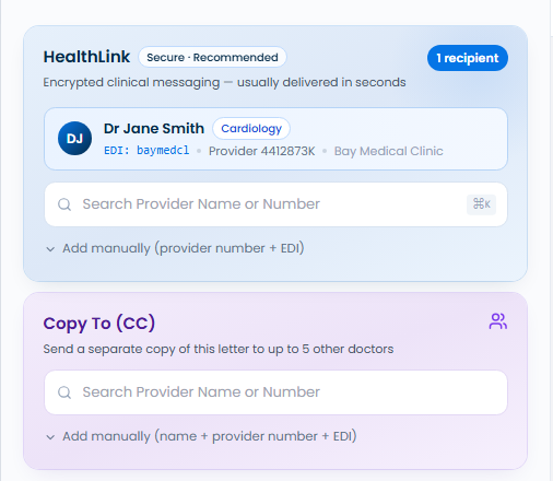 The Send Letter screen with the HealthLink box