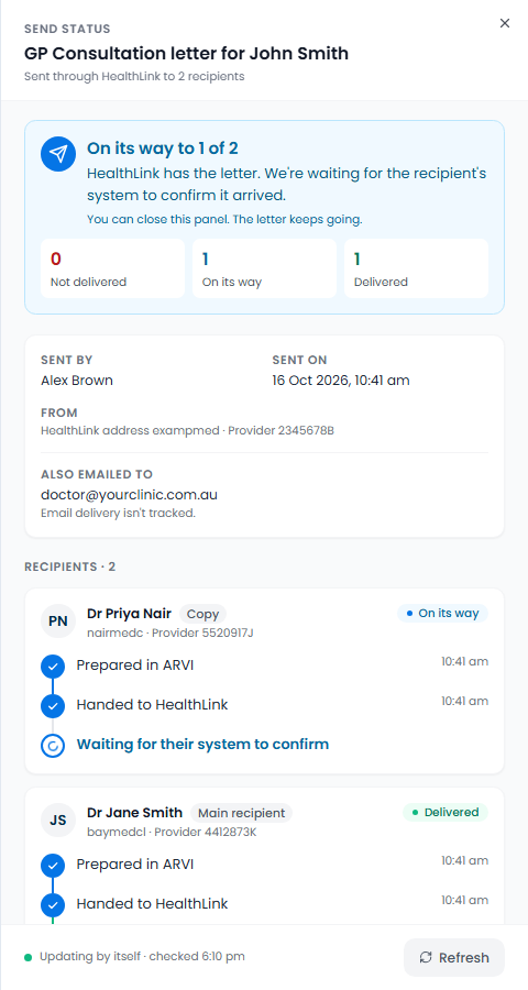 The Send Status panel shows each recipient's steps